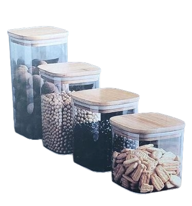 طقم توابل زجاج فاميه 4 قطعة  بغطاء خشب بامبو